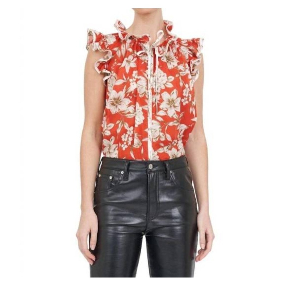 Christy Lynn Nadya Blouse Top Size L Red Magnolia Floral Ruffle Sleeveless Prep